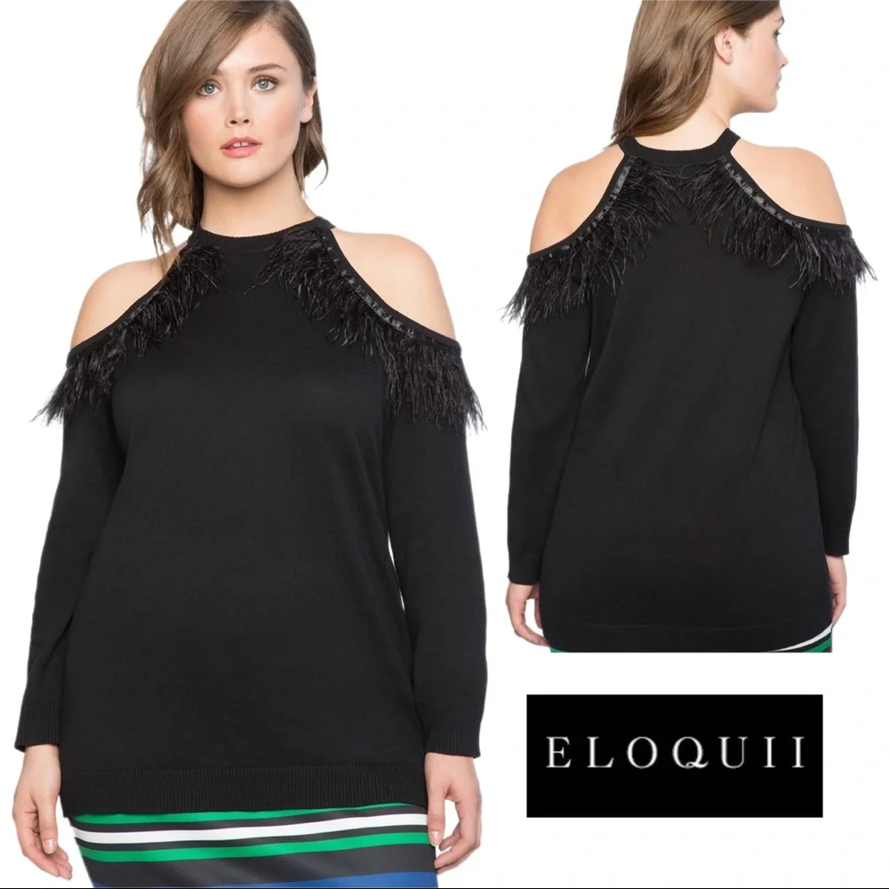 NEW Eloquii Cold Shoulder Sweater with Feather Trim Sweater - Picture 1 of 11